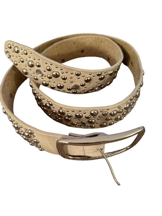 Y2K Womens Silver Suede Studded Belt Size 2XL Cream Leather Western Rodeo Bling